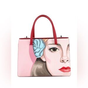 Prada Saffiano Alabastro Illustrated Face Tote with Red Handles Runway Edition